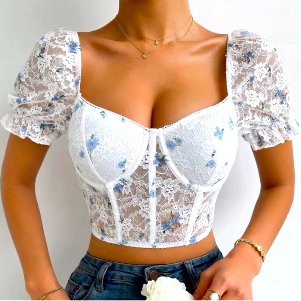 Coquette Girl Puff Sleeve Sweetheart Bustier Corset Embroidered Floral Mesh Top